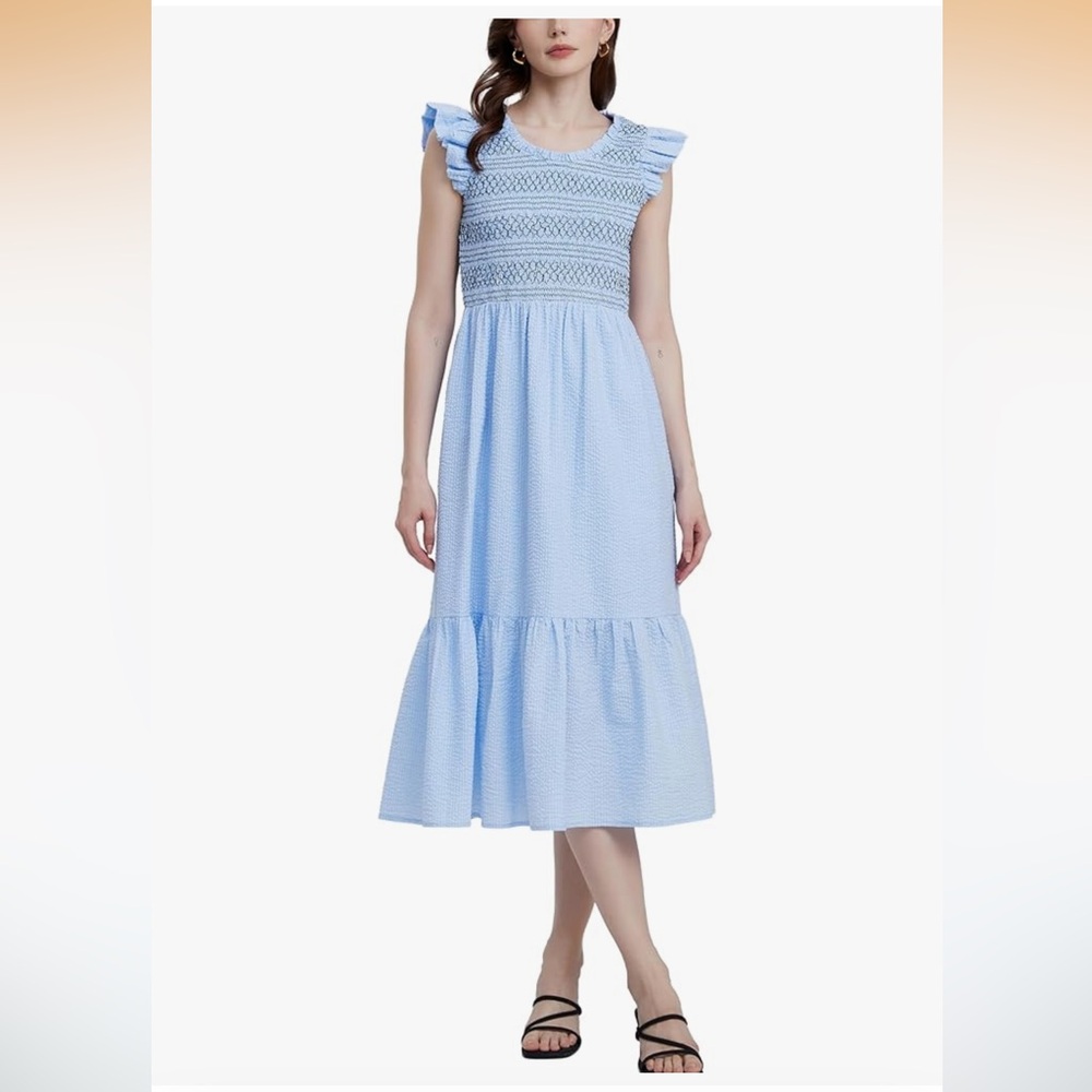 Light Blue Ruffle Sleeve Smocked Midi Dress Large